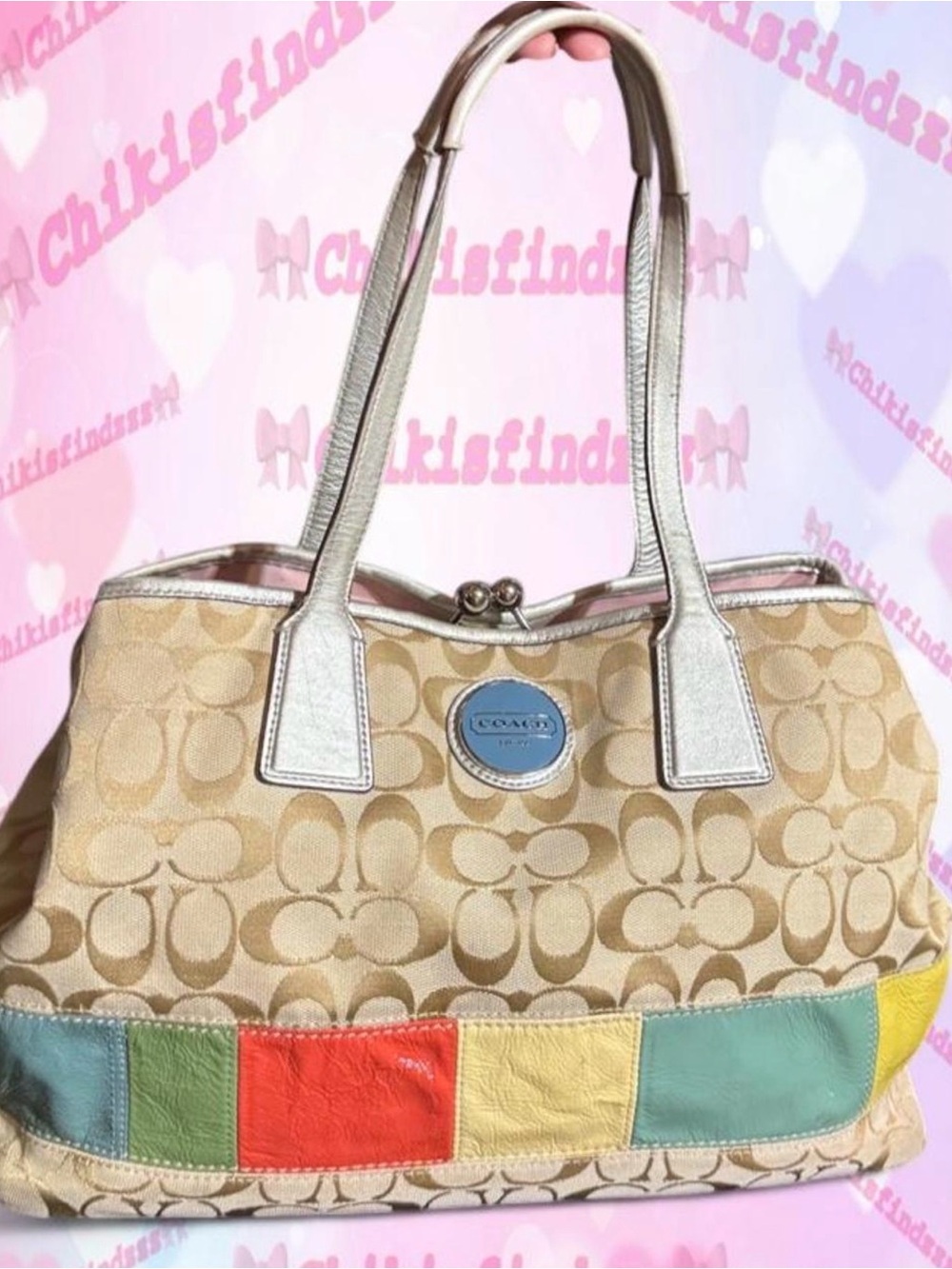 Coach Signature Stripe Patchwork Kisslock Carryall Tote Style F17444